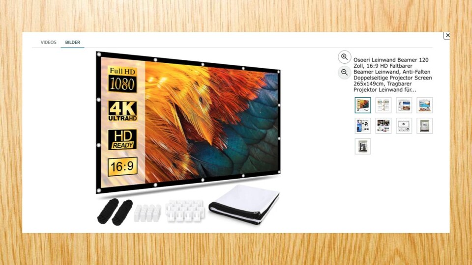 Leinwände, wie die von Osoeri kriegt ihr bei Amazon bereits unter 40 Euro, je nach Angebot günstiger. In diesem Fall ist die Leinwand aus Polyesterfasermaterial gefertigt, was die Falten reduzieren soll. Quelle: Osoeri via Amazon.