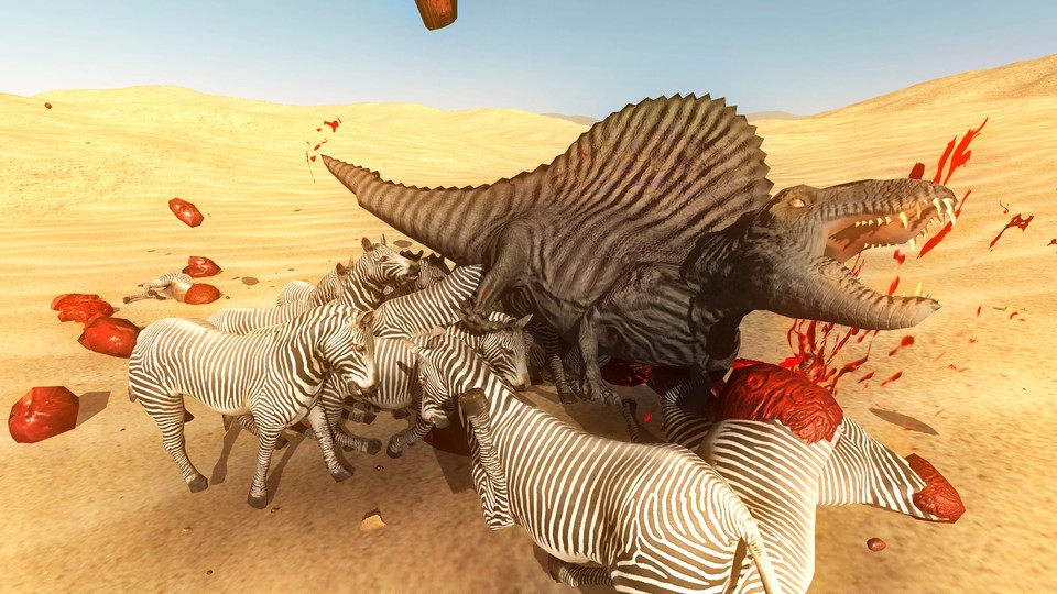 Eine Szene wie vom Frankfurter Hauptbahnhof: Ein Spinosaurus fällt einer gewalttätigen Horde Zebras zum Opfer. 