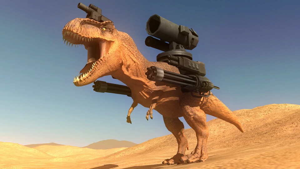 Was hat der Welt bisher gefehlt? Ein T-Rex mit Minigun und Kanonen. Danke, Beast Battle Simulator. 