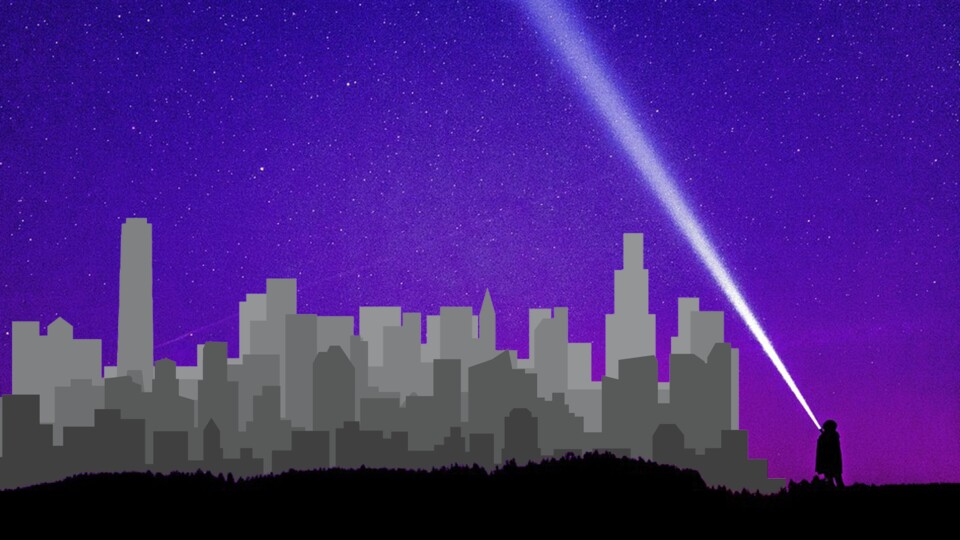 Was passiert, wenn ihr die hellste Taschenlampe überhaupt auf eine Stadt richtet? (Bild-Quellen: tanarch über Adobe Stock, FelixMittermeier über Pixabay)