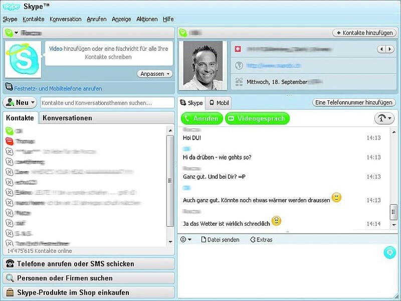 In der Benutzeransicht von Skype sehen Sie sofort, welche Ihrer Kontakte gerade online sind.