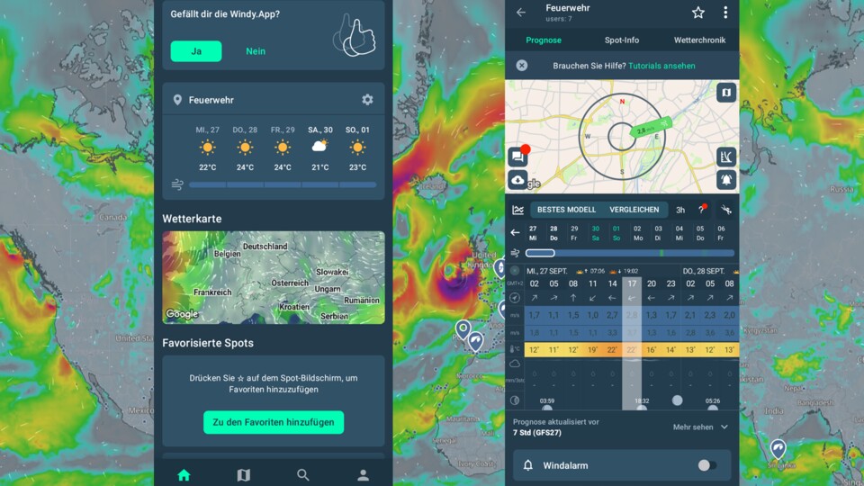 Links: Die Startansicht der App. Rechts: Die Wetterprognose für einen ausgewählten Ort.