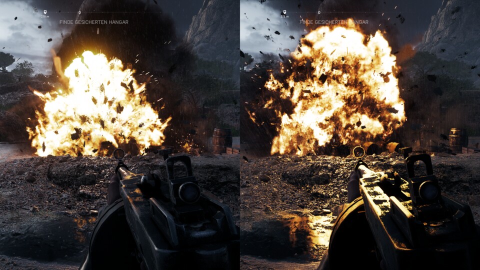Links seht ihr Battlefield 5 ohne Raytracing. Rechts ist RTX aktiviert.
