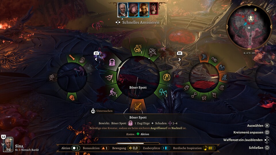 Aktionen kann ich in viele Kreismenüs anordnen, sodass sich Kämpfe nach einer Eingewöhnungszeit intuitiv und flott steuern