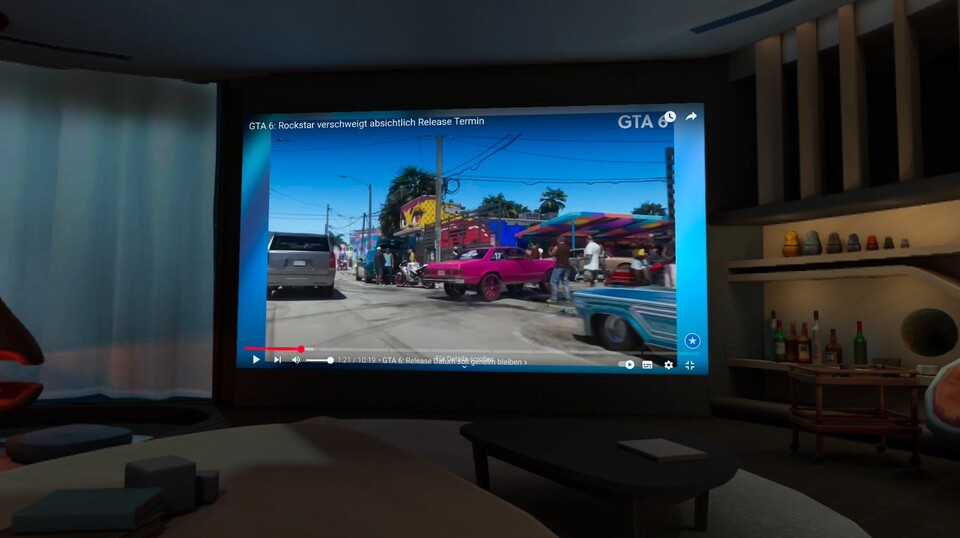 Egal wie klein deine Wohnung ist oder ob du beim Pendeln Filme schauen willst: In der VR wird jeder Bildschirm gigantisch.
Oder um hier ein wenig Bildunterschrift-Clickbait einzubauen: GTA 6 in VR!