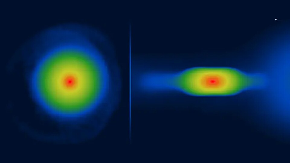 Einer der simulierten, jungen Planet. Links aus der Perspektive von oben, rechts von der Seite (Quelle: University of Central Lancashire)