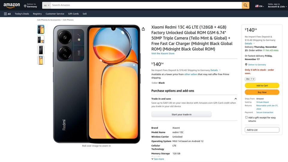 Screenshot der Amazon.com-Storeseite des Xiaomi Redmi 13C (Quelle: Amazon.com)