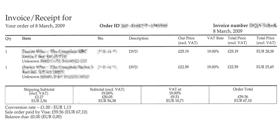 Die Rechnung von Amazon UK listet unten die Versandkosten (Shipping) und die Umsatzsteuer (VAT) auf.