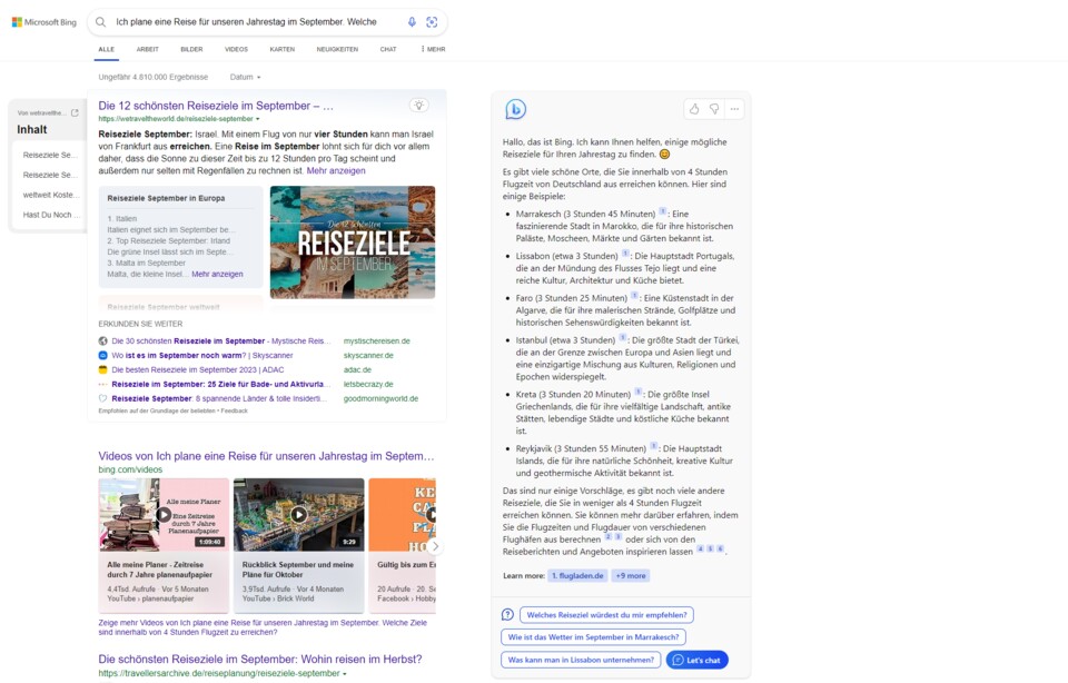 Als Ergebnis zeigt Bing Chat relevante Suchergebnisse (links) und eine Antwort auf die Suchanfrage (rechts) an.