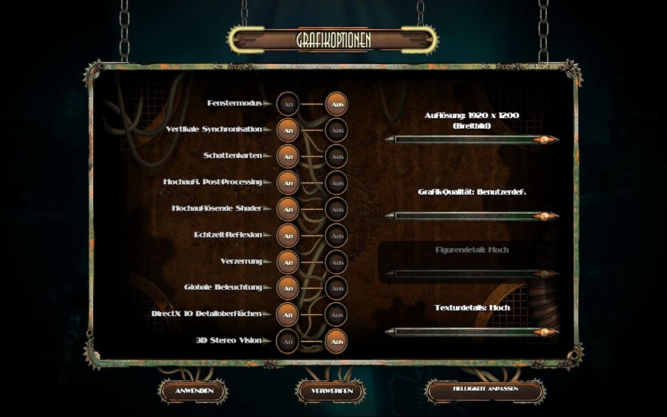 Die Grafikoptionen von Bioshock 2 : Alle Optionen lassen sich im Spiel umstellen, Sie können also ganz einfach testen, in welchen Einstellungen Bioshock 2 auf Ihrem System ruckelfrei läuft.