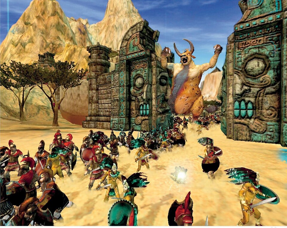 Römer und Azteken prügeln sich vor den Toren einer Aztekenstadt. Im Hintergrund: eine ziemlich böse Kuh.