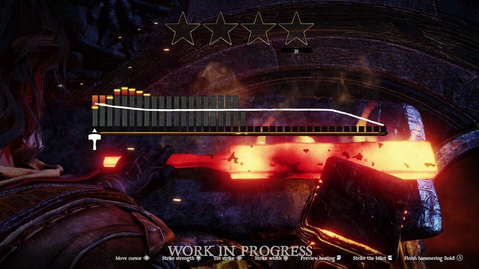 Unten sehen wir die Position und Schlagrichtung unseres Hammers. Grau ist die Form unseres Eisens und in Orange wird dargestellt, wie unser nächster Schlag sich auf die Form auswirkt. Die Form muss am Ende möglichst nah an der weißen Linie liegen.