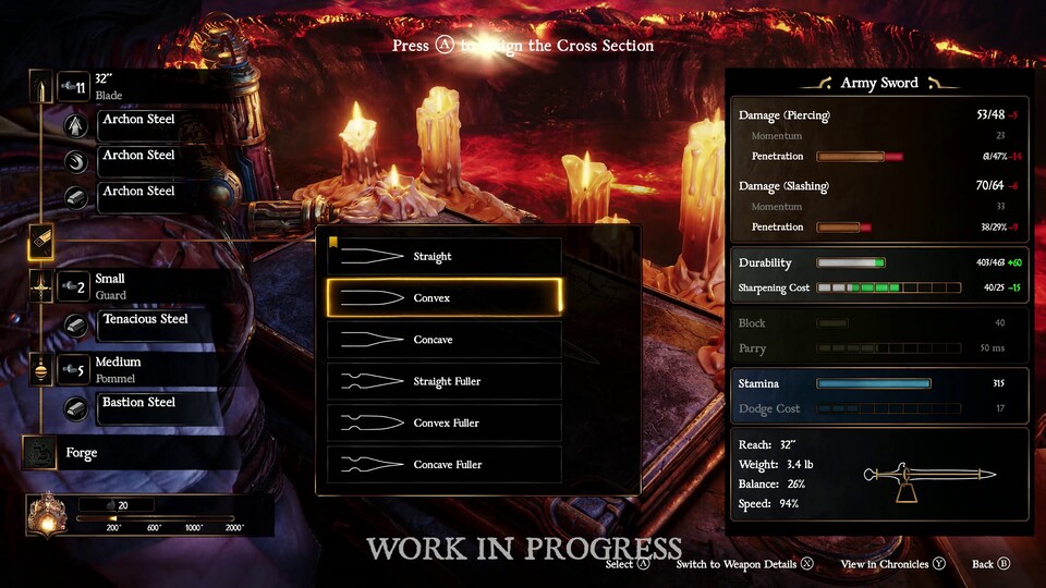 Bei einem Schwert können wir unter anderem die Form und das Material der Klinge anpassen.