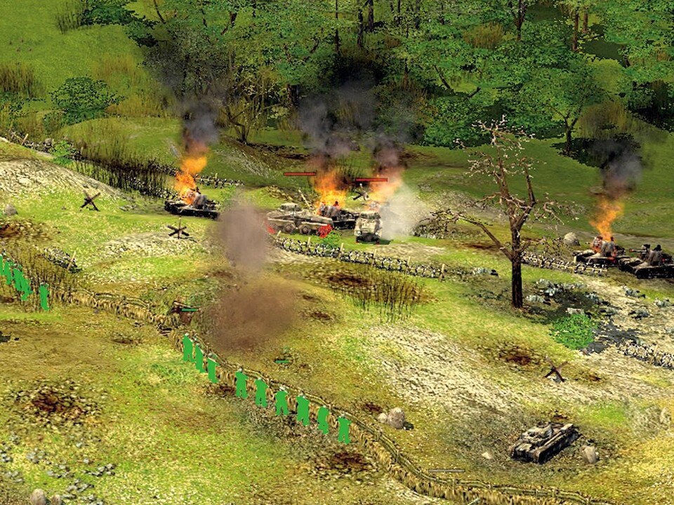 Die Soldaten in den Schützengräben (grün) machen gut verborgenen den Panzern zu schaffen.