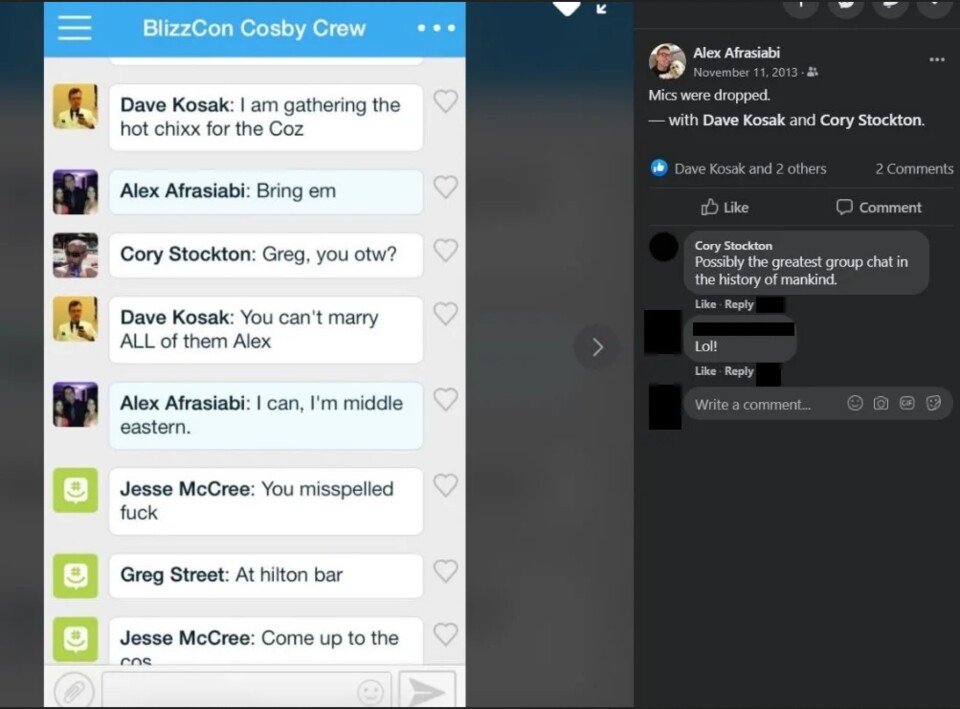 In einem Gruppenchat führen die Entwickler ein recht eindeutiges Gespräch über Frauen in der Cosby Suite. Quelle: Screenshot von Kotaku