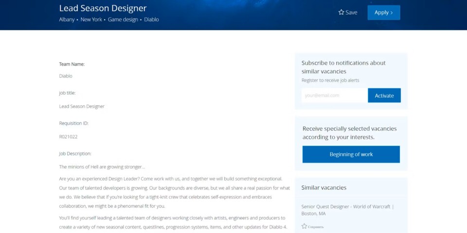 Bei Blizzard wurde kurzzeitig nach einem Leitenden Season Designer gesucht, inzwischen wurde die Stelle aber wohl schon besetzt.