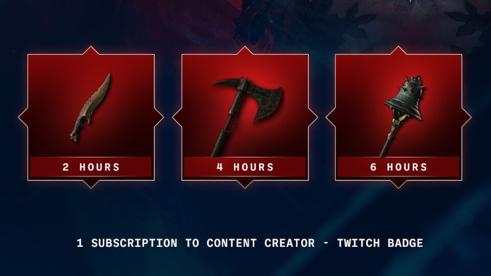 Für Diablo 4 warten 3 kostenlose Waffen-Skins auf euch, wenn ihr mindestens 6 Stunden schaut.