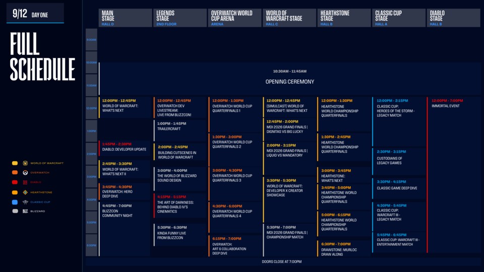 Der offizielle Blizzard-Zeitplan für Tag 1. Die Uhrzeiten in der Grafik zeigen die lokale US-Pazifikzeit (PDT). Die umgerechneten deutschen Zeiten findet ihr oben in unserer Liste.
