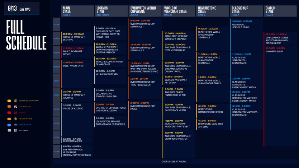Der offizielle Blizzard-Zeitplan für Tag 2. Auch hier sind wieder die US-Zeiten zu sehen.