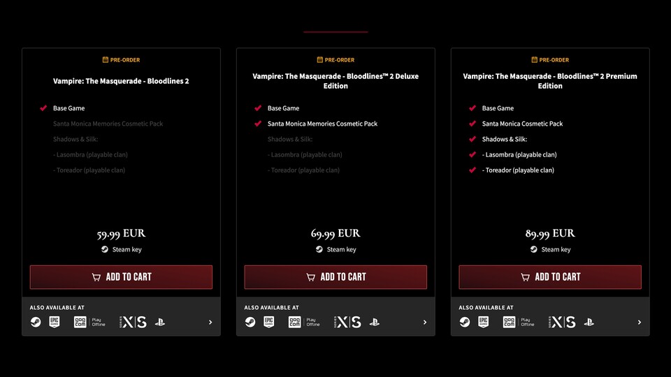 Nur wer den »Shadows + Silk«-DLC separat oder im Zuge der 90 Euro teuren Premium-Edition erwirbt, erhält Zugriff auf alle sechs Vampir-Clans.