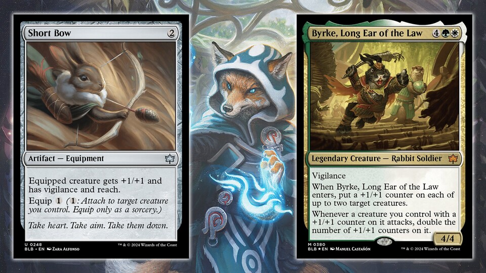Links Short Bow, rechts Byrke, Long Ear of the Law und im Hintergrund das neue Artwork von Jace, the Mind Sculptor.