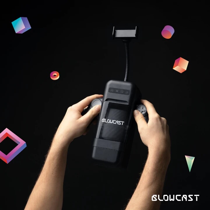 Blowcast Blowbot mit abnehmbarer Handyhalterung für sinnliches Entertainment während der Nutzung.