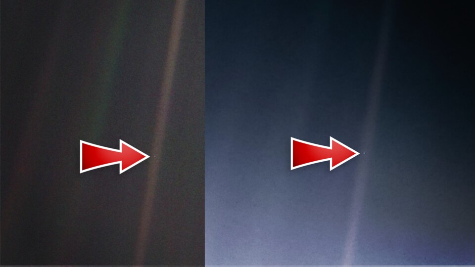 Links seht ihr das Originalbild »Pale Blue Dot«, rechts die 2020 mit modernen Bildaufbereitungstechniken neu anhand von Originaldaten exportierte Version.
(Bildquelle: NASAJPL-Caltech)