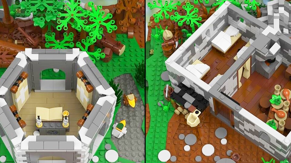 Die Kapelle (links) hat innen einen Altar mit Buch und Kerzen. Die Einsiedelei (rechts) mit Möbeln ausgestattete Schlaf- und Esszimmer.