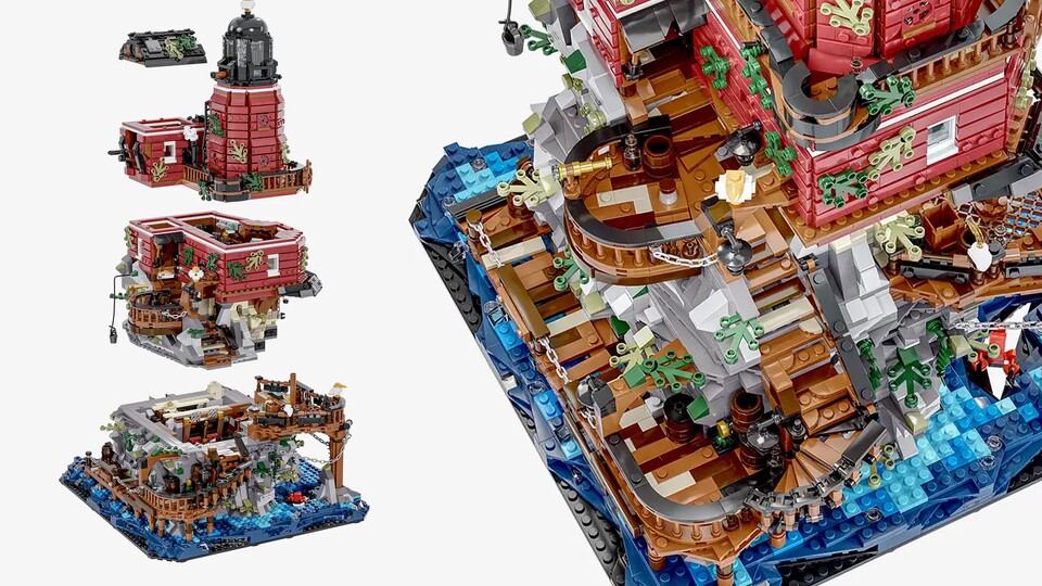 Der modulare Leuchtturm liefert einen Einblick ins innere, aber auch draußen ist er voll mit Leben und Details … und Möwen.