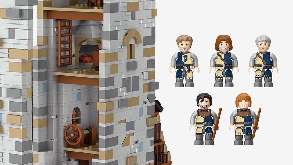 Wie auch im Standard-Bergfried kann man die Seitenwand einfach öffnen. Außerdem gibt es statt nur drei ganze fünf neue Minifiguren!