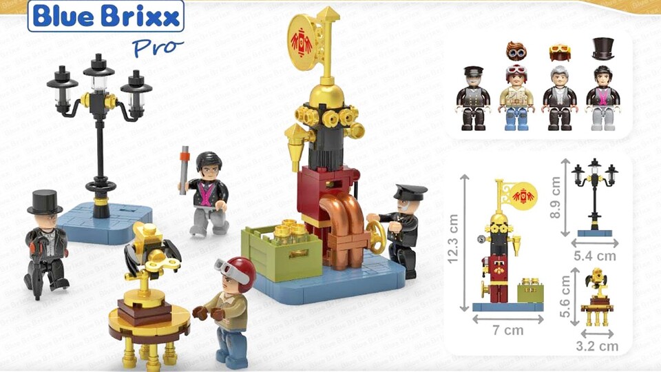 Straßenbeleuchtung und schicke Hüte. Die Straßenteile sind aus blauen Steinen. Hmm...