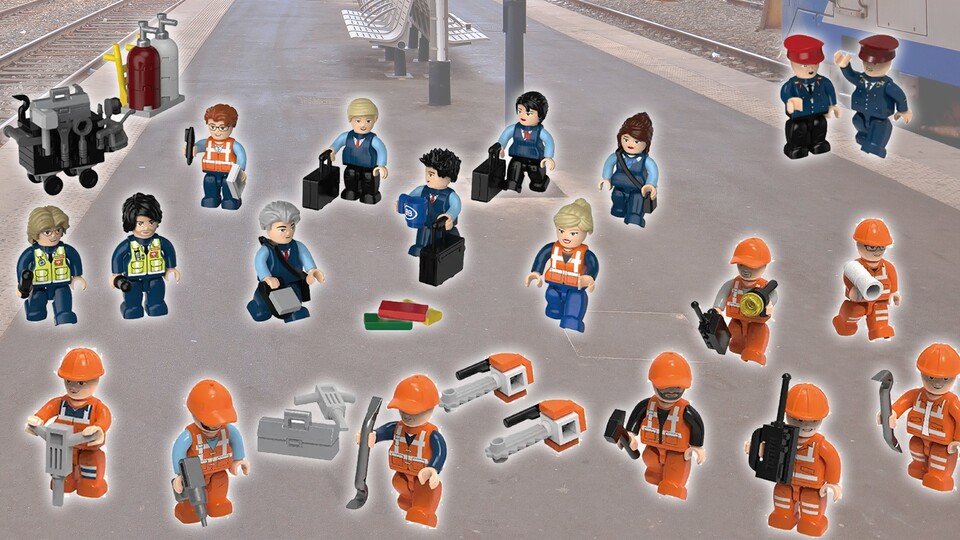 Minifiguren bringen Leben in euren Bahnhof. Von Bahn-Sicherheit bis hin zu Gleisarbeitern gibt es genug Personal.