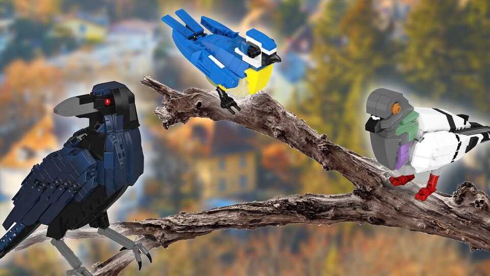 BlueBrixx liefert einen düsteren Kolkraben, eine süße Blaumeise und die übliche Felsentaube. So nah beieinander wird man sie in freier Wildbahn nicht sehen.