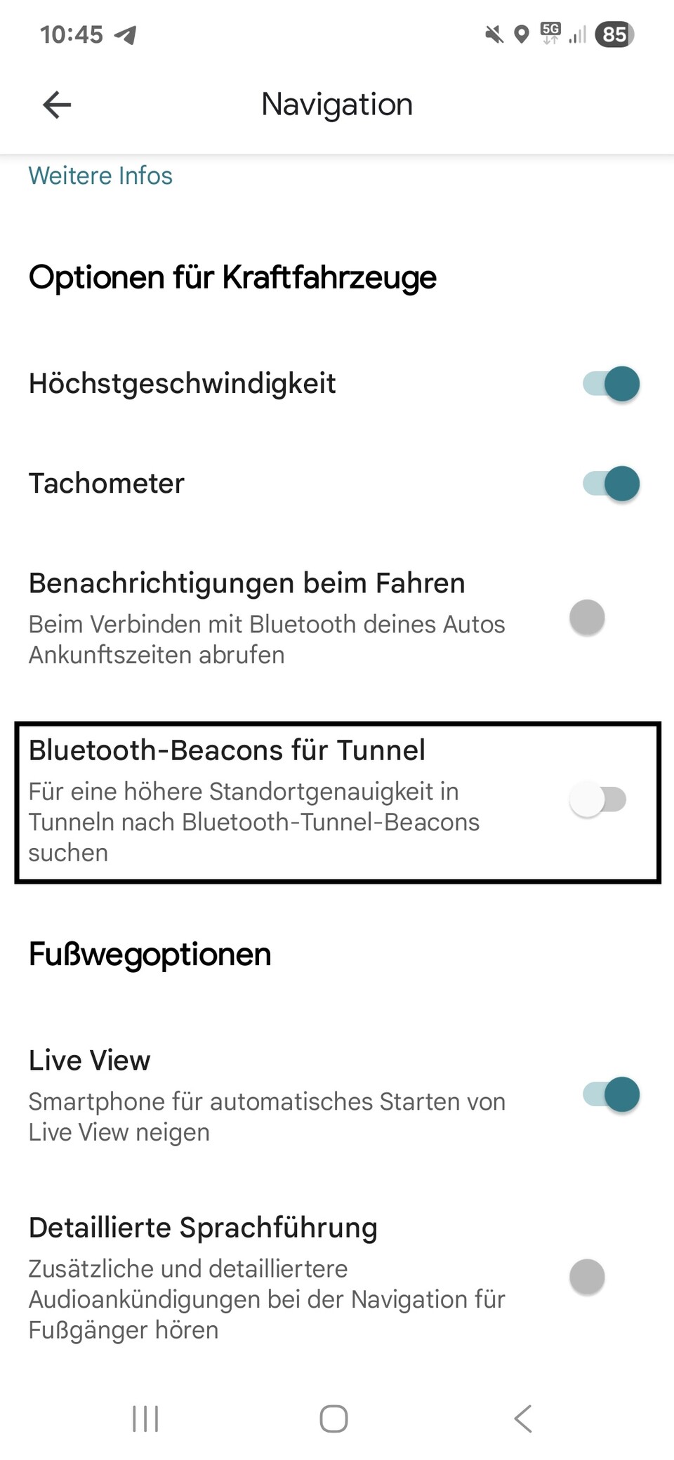Aktiviert den Punkt Bluetooth-Beacons in den Google Maps-Einstellungen, um auf das Feature zugreifen zu können. (Bildquelle: Google)