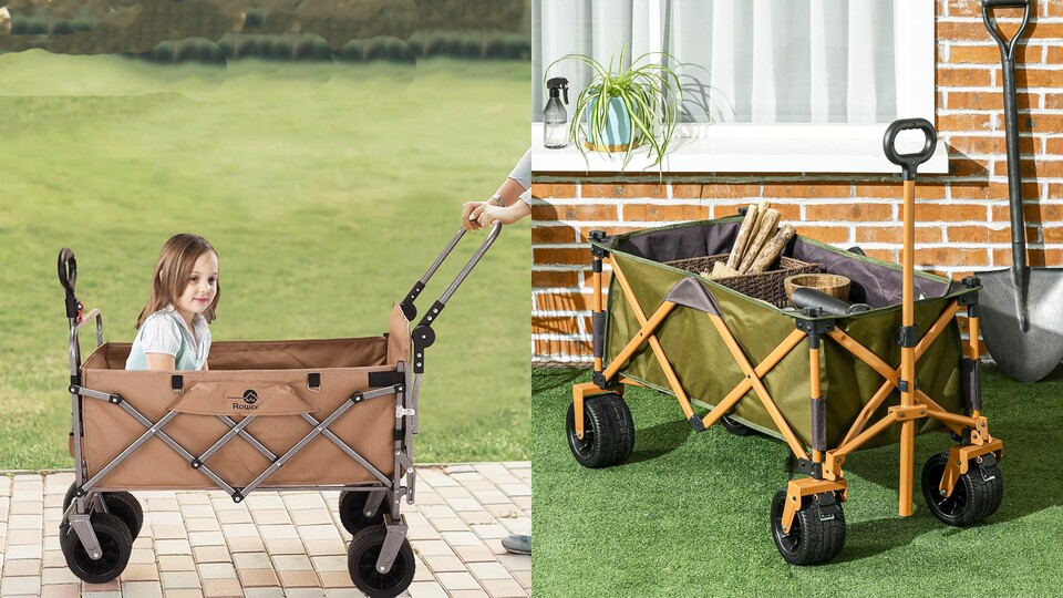 Ziehen oder Schieben? Dieser Bollerwagen von Rowce (l) hat hinten einen Langgriff zum Schieben – der von Outsunny (r) kommt aber mit einer Tischplatte!