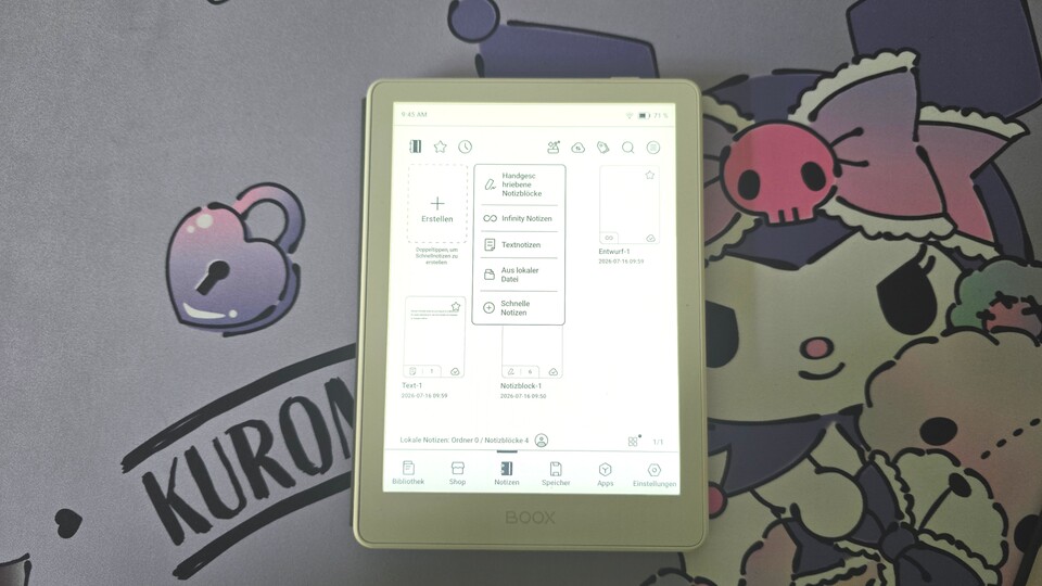 Der Boox Go 6 (Gen II) hat mehrere Notizen-Funktionen. Davon funktionieren viele jedoch nur mit einem unterstützten Stift. (Bildquelle: Aaron Hofmann GameStar Tech)