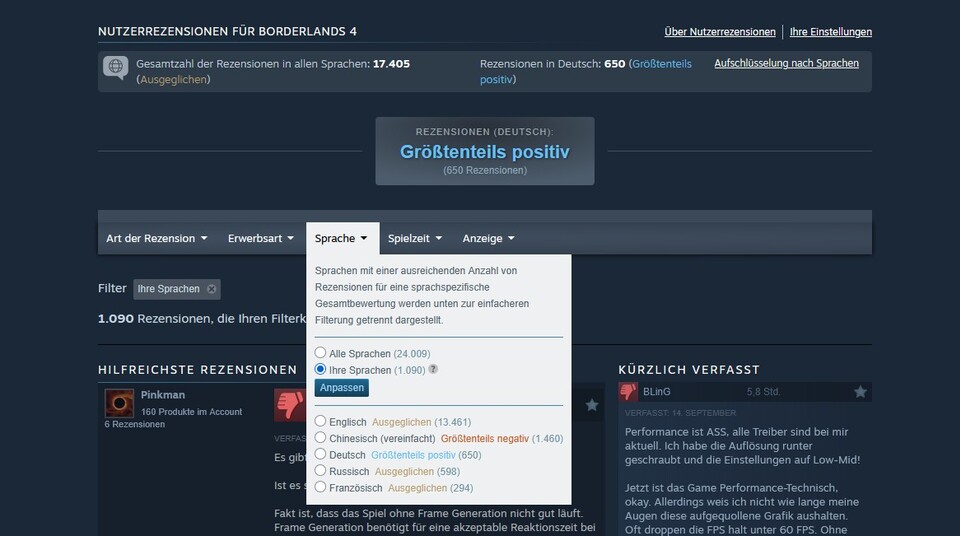 Ganz oben bei den Nutzerrezensionen könnt ihr die Sprache anpassen, oder unter »Aufschlüsselung nach Sprachen« detaillierte Informationen zu den Steam Reviews lesen.