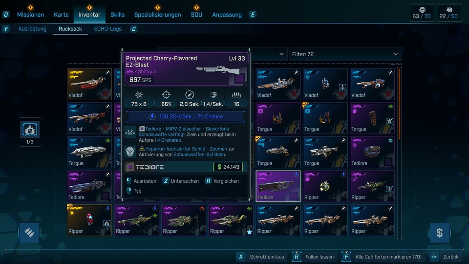 Bei 70 Waffen im Inventar sind Filter dringend notwendig, leider setzen sie sich ständig zurück.