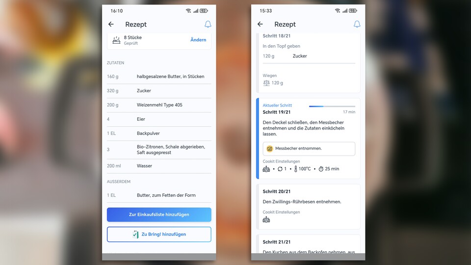 Ich muss zwar aus der App ein Rezept an den Cookit übertragen (und beide müssen sich im selben Netzwerk befinden), dafür kann ich in der App nachschauen, wie lang ein Kochschritt noch dauert. (Bildquelle: Maxe S., GameStar)