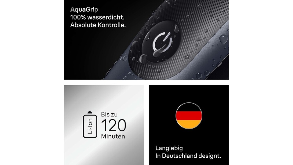 Der Akku im Braun Series 7 hält länger durch, als ihr duschen könnt – denn wasserdicht ist er auch.