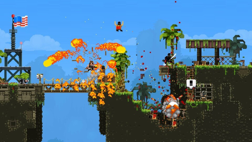 Dieses Bild gibt perfekt das Gameplay und die Stimmung in Broforce wieder.