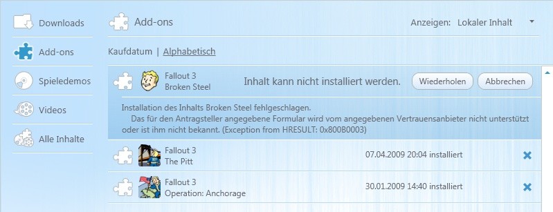 Auch die deutsche Fallout 3-Version hat Probleme mit dem DLC.