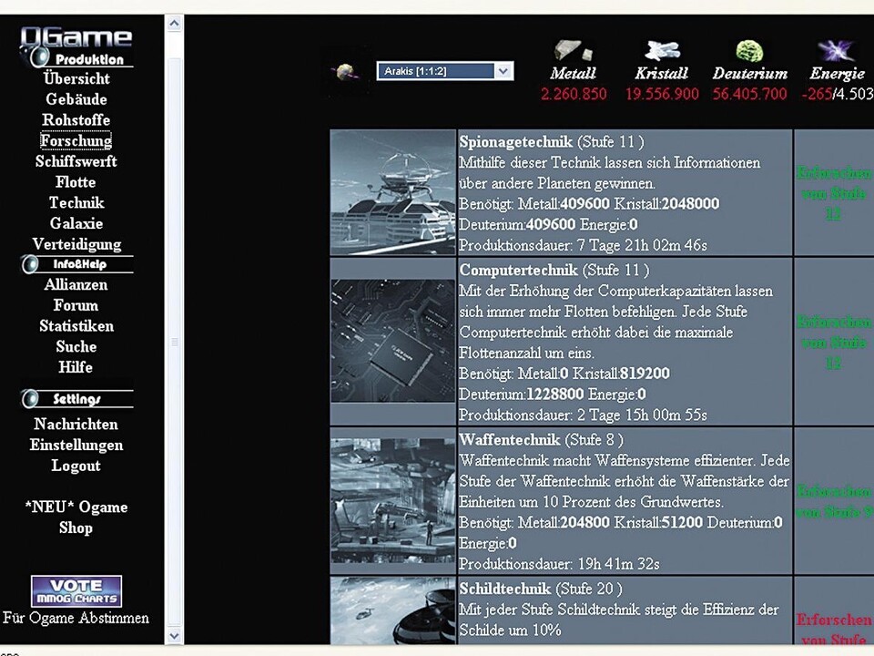 Ogame: Im Forschungsmenü entwickeln Sie Technologien.