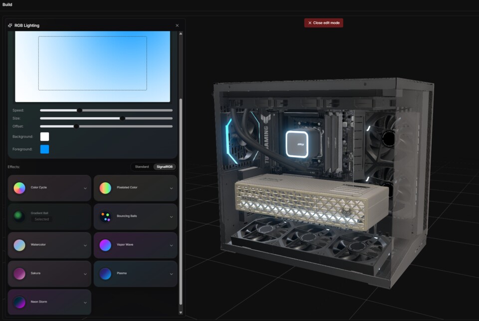 BuildCores simuliert die gängigsten RGB-Optionen, um euren Build schon mal in voller (3D-gerenderten) Pracht zu zeigen. (Bildquelle: Screenshot BuildCores)