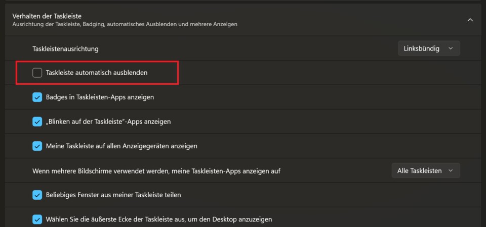 Wenn ihr die Taskleiste von Windows 11 ausblendet, habt ihr ein großes statisches Element auf dem Desktop weniger.