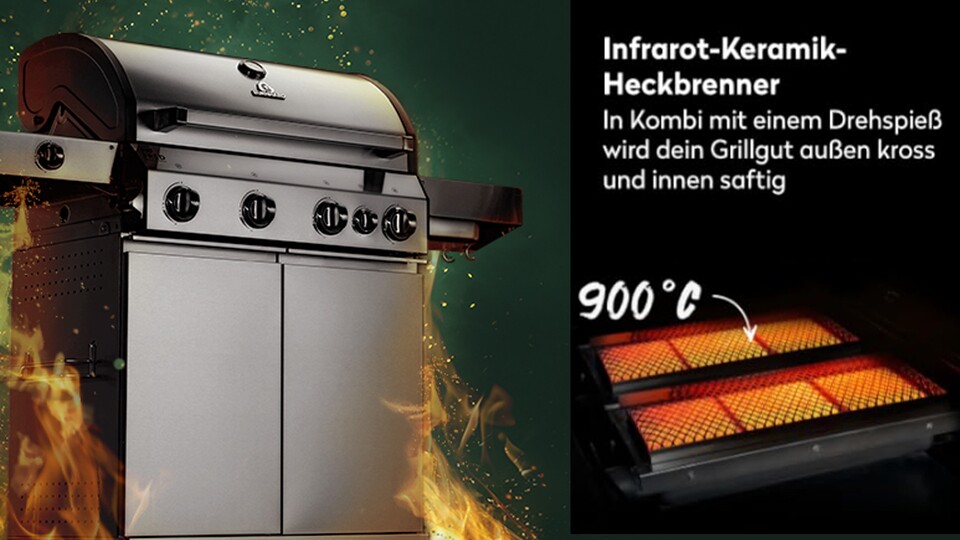 Der Infrarot Keramikbrenner sorgt für eine Hitze, die mit keiner anderen Art von Grill erreicht wird: Bis zu 900 Grad - das perfekte Finish für Steaks!