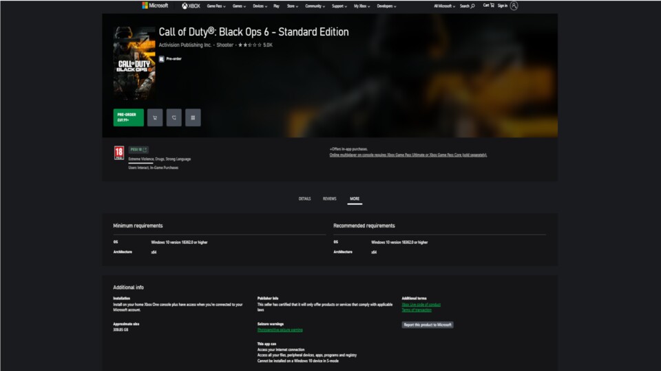 Im Xbox-Store wird die Dateigröße nach wie vor mit knapp 310 Gigabyte angegeben.