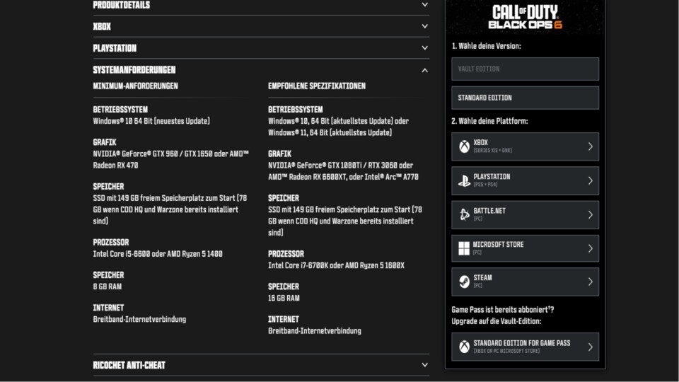Auf callofduty.com ist der benötigte Speicherplatz schon deutlich heruntergeschraubt worden.