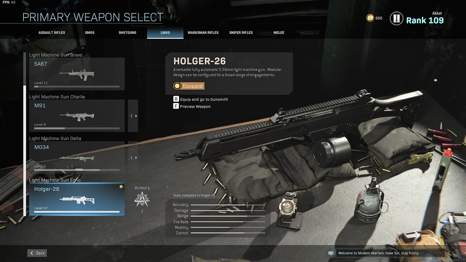 Das Holger-26 läuft in Call of Duty: Modern Warfare als Leichtes Maschinengewehr, lässt sich aber in ein Sturmgewehr umbauen.