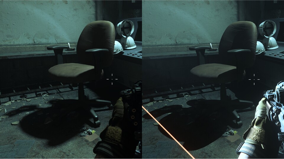 Mit Raytracing links ist der Schatten des Stuhls deutlich weicher als rechts ohne Raytracing (Leuchtspurgeschoss bitte ignorieren). 